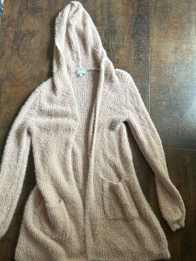 new directions Blush Hooded Open-Front Fuzzy Cardigan